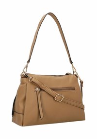 Tasche aus tanfarbenem Leder mit strukturierter Form, doppelten Traghenkeln, verstellbarem Schultergurt und einer vorderen Reißverschlusstasche. Mit schwarzen Akzenten.