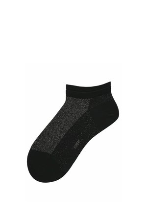 Schwarze Knöchelsocke mit glitzerndem silbernem Faden durchzogen, zeigt weiche Textur und elastischen Bund.