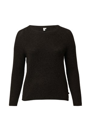 Ciemnobrązowy sweter z dzianiny z okrągłym dekoltem, długimi rękawami i prążkowaną teksturą. Posiada prosty dół i minimalne oznakowanie z boku.
