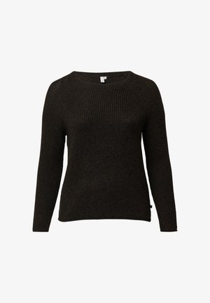 Ciemnobrązowy sweter z dzianiny z okrągłym dekoltem, długimi rękawami i prążkowaną teksturą. Posiada prosty dół i minimalne oznakowanie z boku.