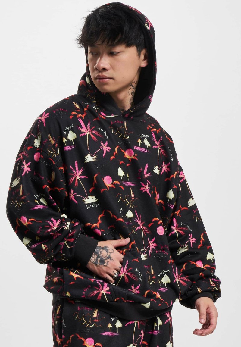 Black hoodie with colorful palm tree and sunset graphics. Features a kangaroo pocket and ribbed cuffs for a relaxed fit. Soft fabric texture.