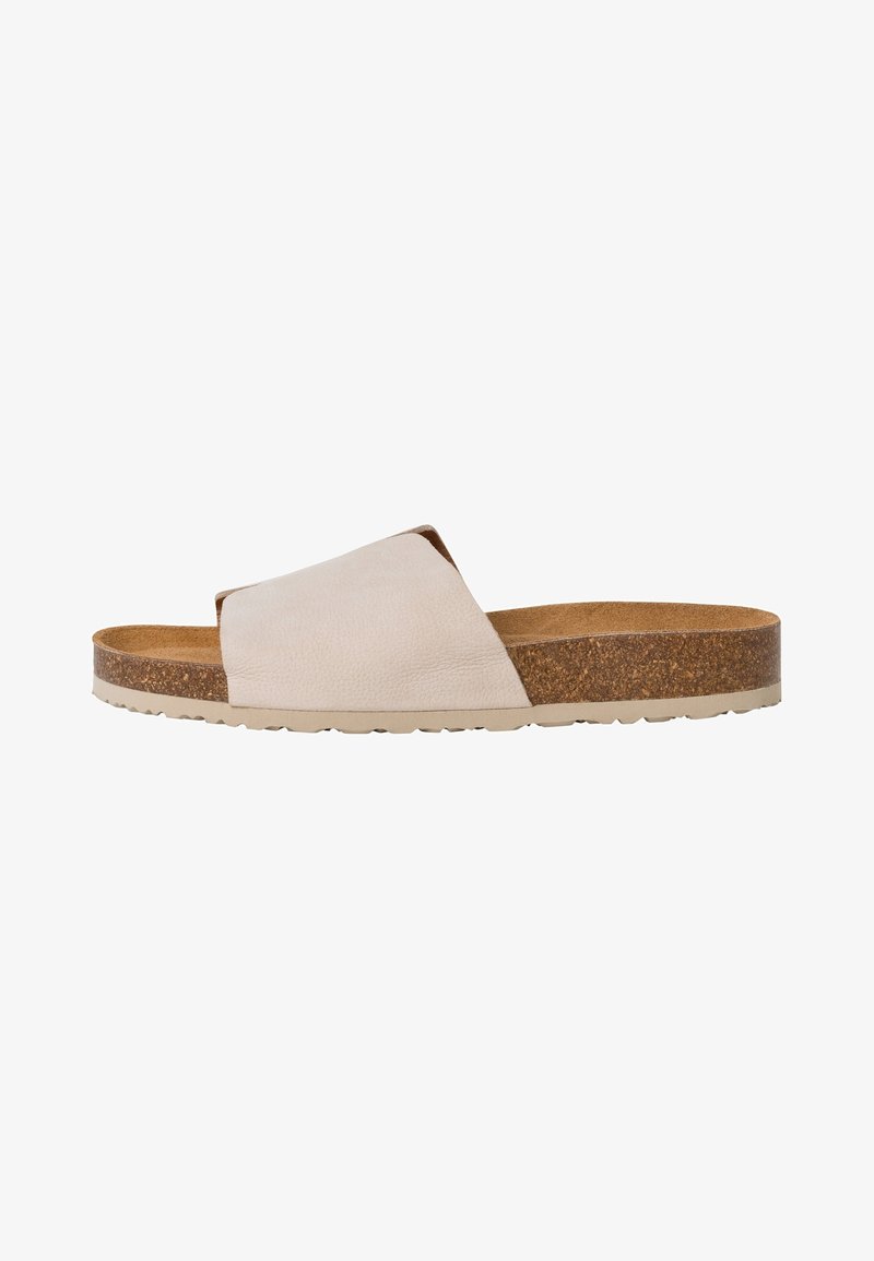 Beige leather slide sandal with a wide strap, cork midsole, and textured rubber sole. No visible hardware or patterns.