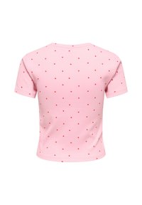 Chemise courte rose à manches courtes avec petits imprimés rouges en forme de cœur dispersés, vue de dos sur fond blanc.