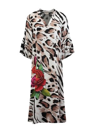 Langärmeliges Kleid mit beigem, schwarzem und weißem Animal-Print sowie großem roten und pinkfarbenem Blumenmuster an der unteren Seite.