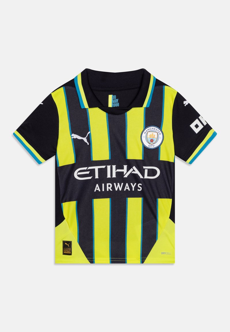 Camisa de fútbol del Manchester City en negro, amarillo y azul. Presenta rayas verticales, cuello y logo con el texto "ETIHAD AIRWAYS". Material DryCELL.