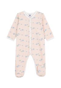 Ριγέ βρεφικό φορμάκι από απαλό βαμβάκι, με ανοιχτό ροδακινί και λευκές ρίγες και τύπωμα μπλε ελέφαντα. Κουμπώνει με σούστες και έχει καλυμμένα πόδια.