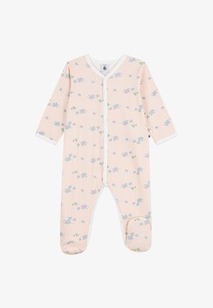 Pasykowany bawełniany body dla niemowląt w miękkiej bawełnie, z jasnoróżowymi i białymi paskami oraz nadrukiem niebieskiego słonia. Zapięcie na zatrzaski i stopki.