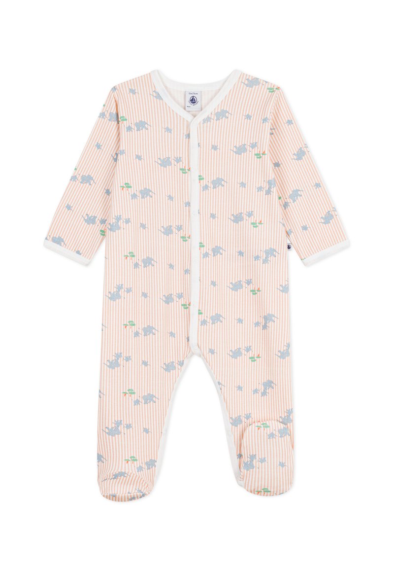 Ριγέ βρεφικό φορμάκι από απαλό βαμβάκι, με ανοιχτό ροδακινί και λευκές ρίγες και τύπωμα μπλε ελέφαντα. Κουμπώνει με σούστες και έχει καλυμμένα πόδια.