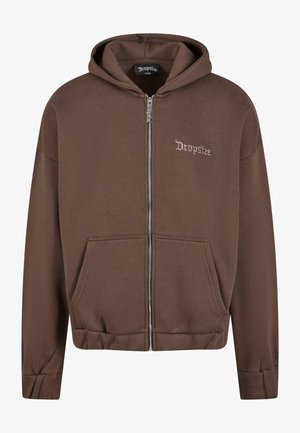Sweat à capuche zippé marron avec de grandes poches avant, poignets et ourlet côtelés, logo "Dropsize" brodé sur la poitrine gauche, texture de tissu douce.