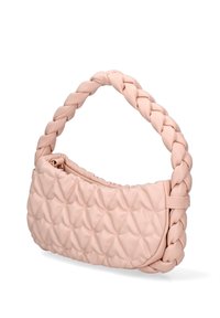 Borsa a tracolla sintetica rosa trapuntata con manico intrecciato e silhouette arrotondata. Presenta cuciture a vista e una chiusura con zip.