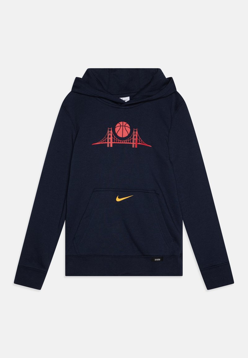 Navy hooded sweatshirt made of soft fabric, featuring a red graphic of a basketball over a bridge and a small yellow Nike logo on the pocket.