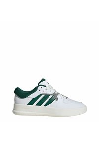 White sneaker with green accents, featuring three striped designs, a smooth leather upper, and a thick rubber sole labeled "CLOUDFOAM."