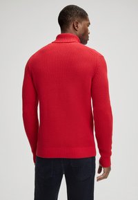 Rode gebreide trui met hoge kraag, gestructureerde stof, aangesloten pasvorm en geribbelde boorden en zoom. Draagt donkere broek, gezien van achteren.