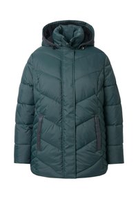Teal pufferjakke med hætte, med en kanalsyet design og kontrastfarvede, mørkegrå lynlåslommer. Blødt og vejrbestandigt materiale.