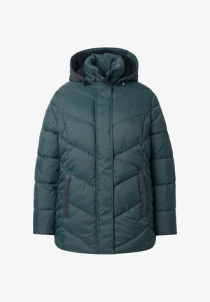 Aquagroene pufferjack met capuchon, voorzien van een kanaalquiltontwerp en contrasterende donkergrijze ritszakken. Zachte, weersbestendige stof.