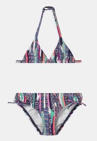 Bikini-Set mit einem dreieckigen Oberteil und seitlich gebundenen Unterteilen, gefertigt aus einem dehnbaren Stoff mit einem mehrfarbigen gestreiften und gemusterten Design.