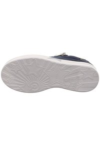 Weißer Gummisohlenbereich mit strukturiertem Sternmuster und Rillen. Dunkelblaues Obermaterial mit einem Reißverschluss. Sauberes und einfaches Design.