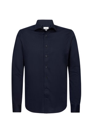 Navy long-sleeve button-up shirt with a regular collar, featuring a smooth texture, six buttons, and a straight hem.