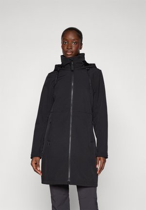 Black waterproof long jacket with a zip closure, adjustable hood, side pockets, and a sleek, smooth texture.