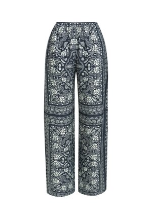 Dunkelblaue, weit geschnittene Hosen mit weißen, filigranen Blumen- und Paisleymustern, die das gesamte Gewebe bedecken.