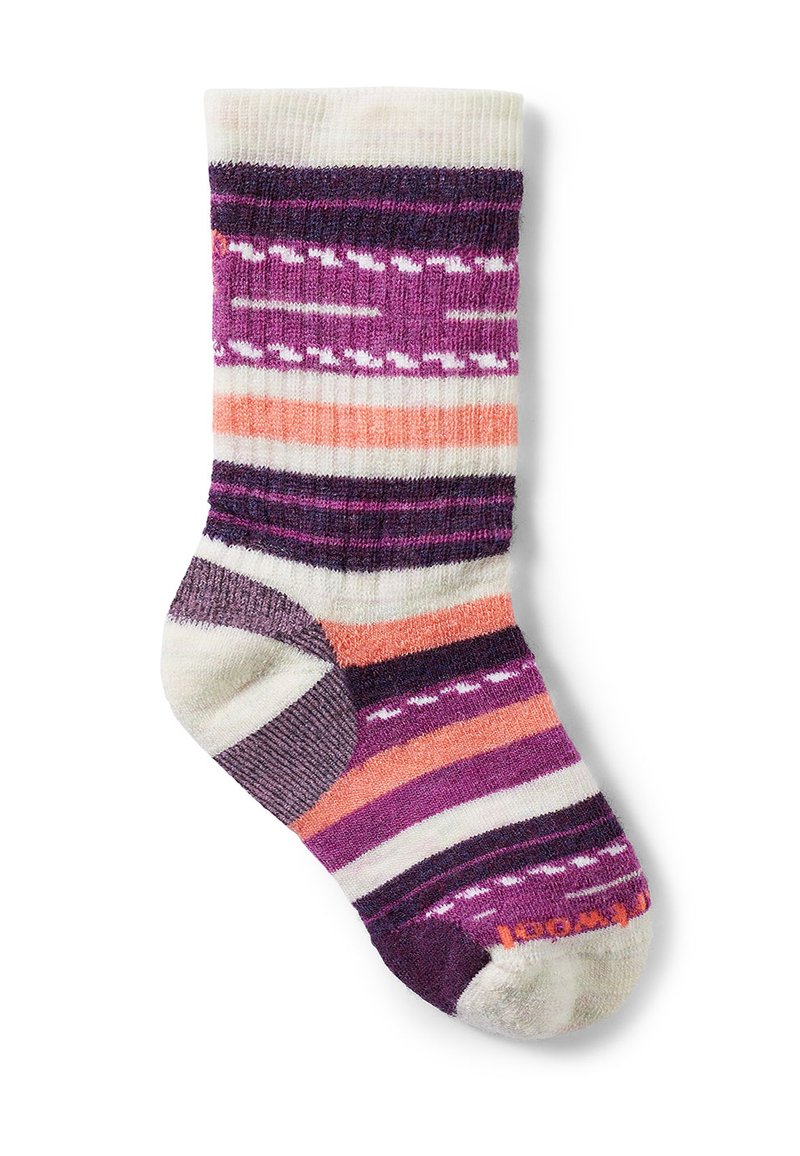 Calcetín de rayas multicolores con acentos en púrpura, rosa y blanco, con una textura suave y secciones de punta y talón más oscuras.