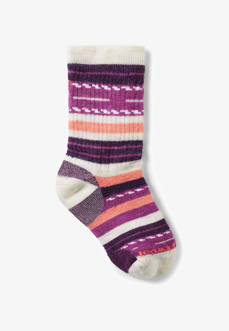 Calza a righe multicolore con accenti viola, rosa e bianchi, caratterizzata da una texture morbida e sezioni più scure sulla punta e sul tallone.