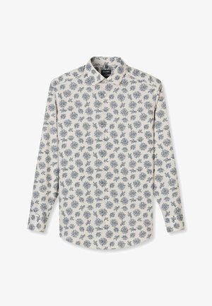 Weißes Langarmhemd mit Knöpfen, dunkelblauem Blumenmuster, klassischem Kragen und schlankem Schnitt.