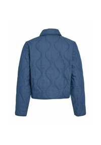 Mėlyna su siuvinėtu raštu pūsta striukė, trumpas dizainas, banguoto rašto siuvinėjimas, sulankstytas apykaklė, ilgos rankovės, tekstūruota medžiaga ir vientisos spalvos apdaila.