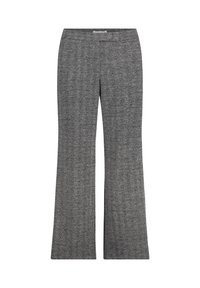 Grijze, uitlopende broek van textuurstof met een visgraatmotief, voorzien van een gladde tailleband en zonder zichtbare hardware of versieringen.