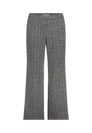 Graue, ausgestellte Hose aus strukturiertem Material mit Fischgrätenmuster, ausgestattet mit einem glatten Bund und ohne sichtbare Beschläge oder Verzierungen.