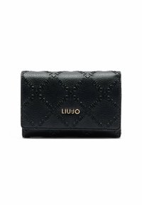 Juodas tekstūruotas piniginė su įspaustu geometriniu raštu ir auksiniu "LIU JO" logotipu, esančiu centre priekyje.