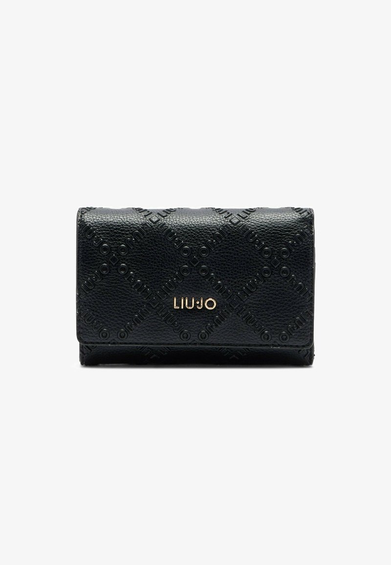 Portafoglio nero con texture, caratterizzato da un motivo geometrico in rilievo e con il logo dorato "LIU JO" centrato sulla patta anteriore.