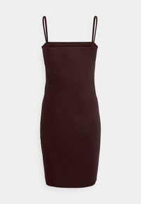 Burgundy formsydd klänning med tunna spaghetti-remmar, fyrkantig halsringning och en slät, elastisk tyg överallt.