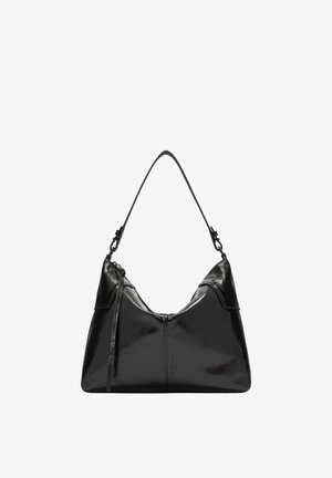 Black leather hobo bag with a curved silhouette, glossy finish, metal hardware, and a long shoulder strap. Features a zip closure and subtle branding.