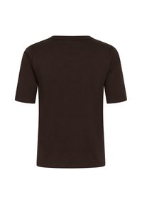 T-shirt marron foncé à manches courtes vu de dos avec un col rond et un ourlet droit sur fond blanc.