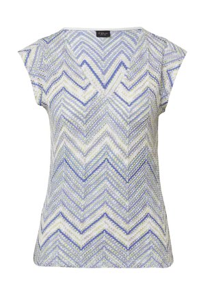 T-shirt met V-hals en korte mouwen, met een zigzagpatroon in lichtblauw, paars en gele tinten. De stof lijkt zacht en textuur te hebben.