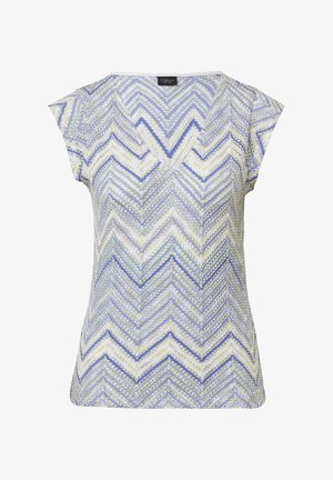 V-neck short-sleeve top featuring a zigzag pattern in light blue, purple, and yellow hues. Fabric appears soft and textured.