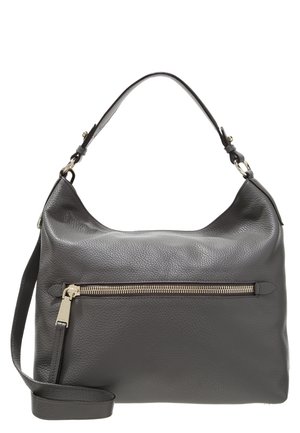 Ciemnoszara skórzana torebka z pojedynczym górnym uchwytem, odpinanym paskiem na ramię oraz przednią, poziomą kieszenią na zamek błyskawiczny ze złotym suwakiem.