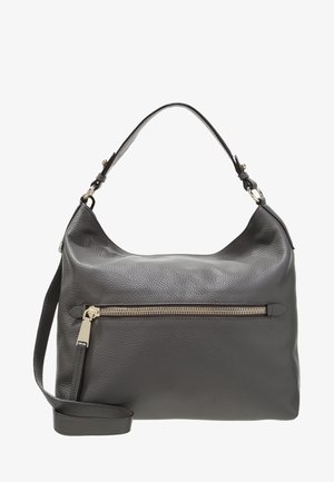 Sac à main en cuir gris foncé avec une poignée supérieure unique, une bandoulière amovible et une poche zippée horizontale à l'avant avec un curseur doré.