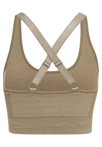 Behå i dämpad beige med en texturerad panel i botten och korsade axelband. Har slät tyg och justerbar hårdvara.