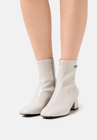 Stivaletti alla caviglia in pelle grigia chiara con punta aguzza, zip laterale, tacco a blocco di 4 cm e una texture liscia e lucida.