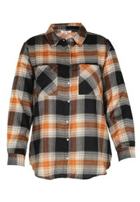 Overhemd met lange mouwen, knoopsluiting en een ruitpatroon in oranje, zwart, wit en bruin, met twee borstzakken.