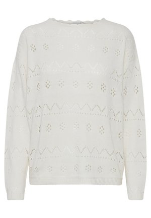 Knitted white sweater featuring openwork patterns with floral and zigzag designs, round neckline, and long sleeves. Soft texture.