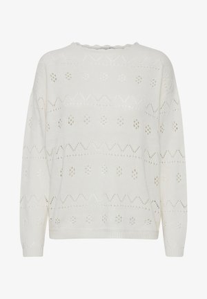 Maglione bianco lavorato a maglia con motivi a traforo a fiori e zig zag, scollatura rotonda e maniche lunghe. Tessuto morbido.