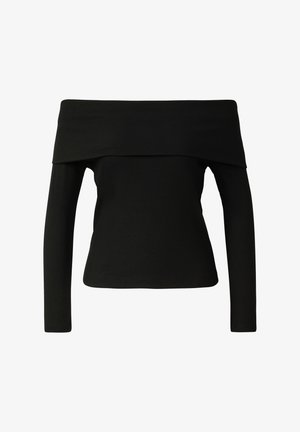 Top lungo nero con maniche lunghe a sbuffo e scollatura off-the-shoulder, caratterizzato da una texture a coste. Presenta un ampio colletto ripiegato, una silhouette aderente e un orlo liscio.