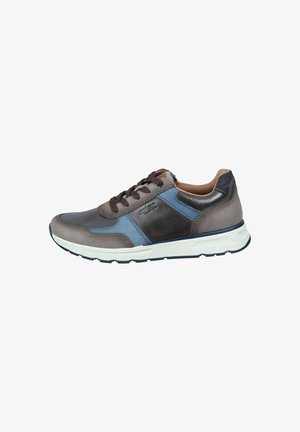Sneaker in pelle marrone e blu con punta arrotondata, design con lacci, cuciture a contrasto e suola in gomma bianca. Pannelli lisci e testurizzati.