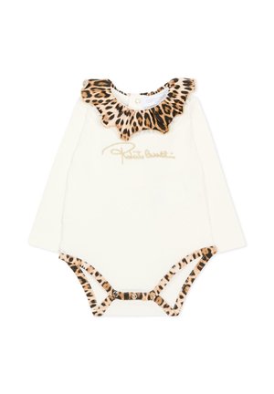 Body de bebé de manga larga en color crema con cuello y ribete con volante de estampado de leopardo, logo dorado en letra cursiva en el pecho y botones a presión en la entrepierna.