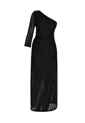 Black, one-shoulder maxi dress made of textured fabric, featuring three-quarter sleeves and a fitted silhouette with ruching details.