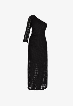 Black, one-shoulder maxi dress made of textured fabric, featuring three-quarter sleeves and a fitted silhouette with ruching details.