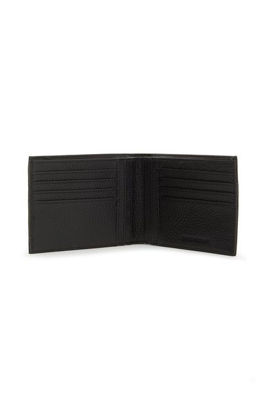 Portefeuille en cuir noir avec une finition texturée, doté de plusieurs emplacements pour cartes et d'un design ouvert pour un accès facile au contenu.